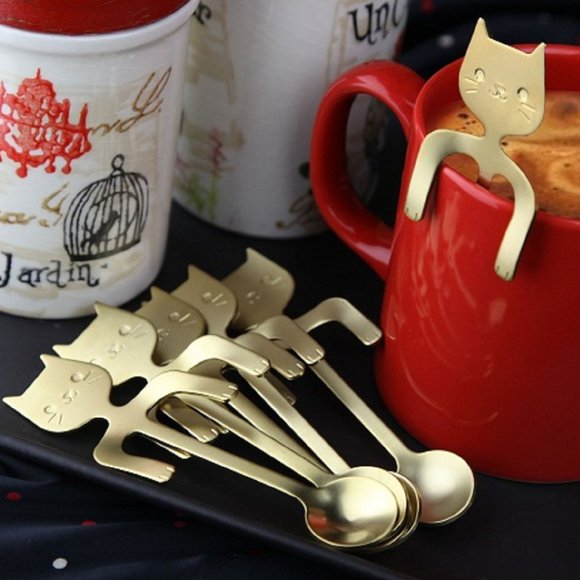 NesCat Coffee Spoons Titanium Matte Gold 18/10 Cute Spoon Stirring Holder 6 pcs - Picture 1 of 5
